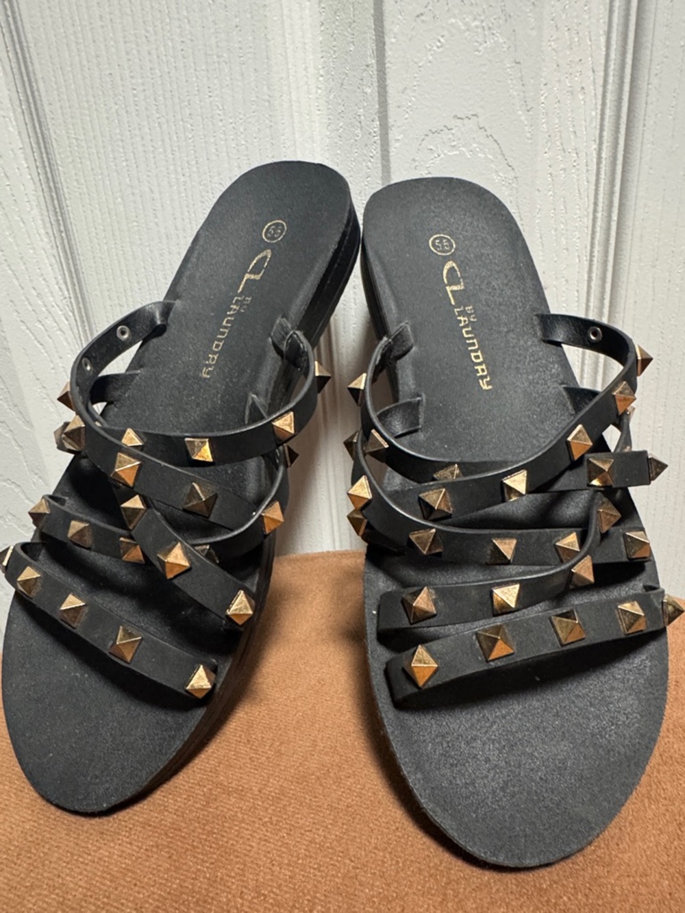CL by Laundry Black Slide Sandals with Gold Stud Accents